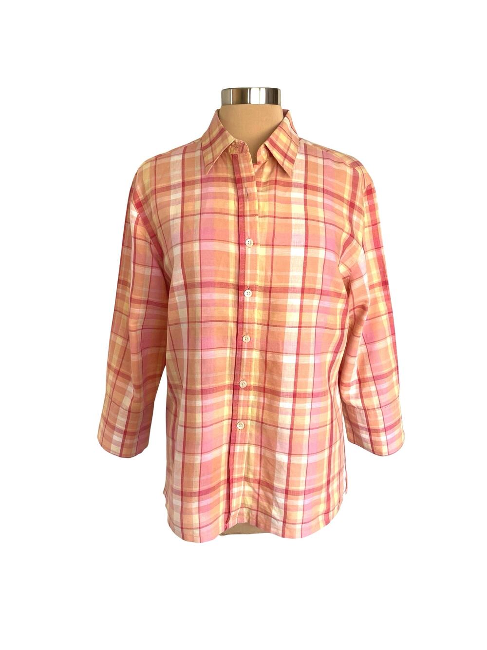 Talbots‎ Irish Linen Blend Orange Plaid Button Down Shirt Sz Large Casual Spring